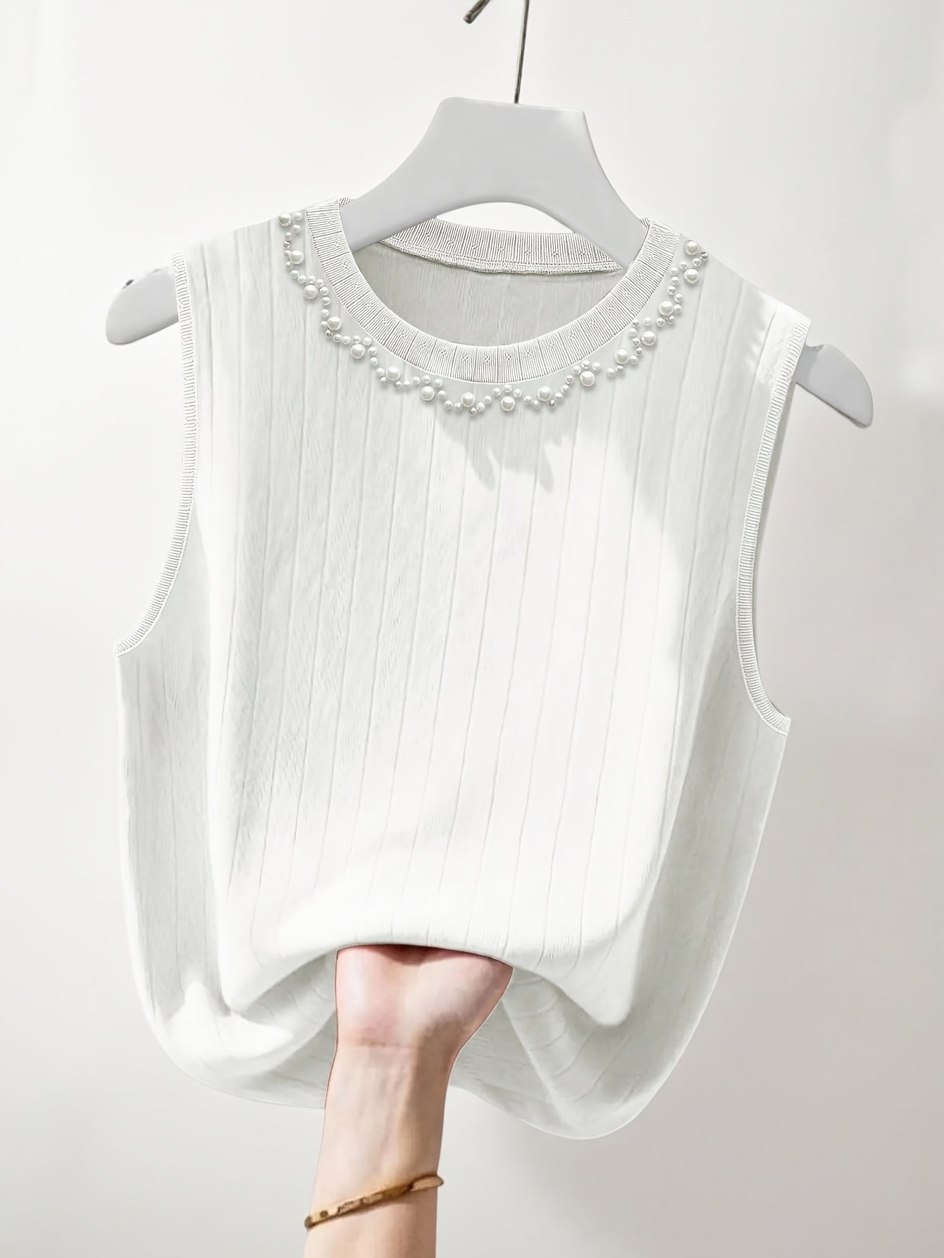 Damen Elegantes Stricktop mit Perlenbesatz, Ärmellos, Perfekt für Alltag und Büro