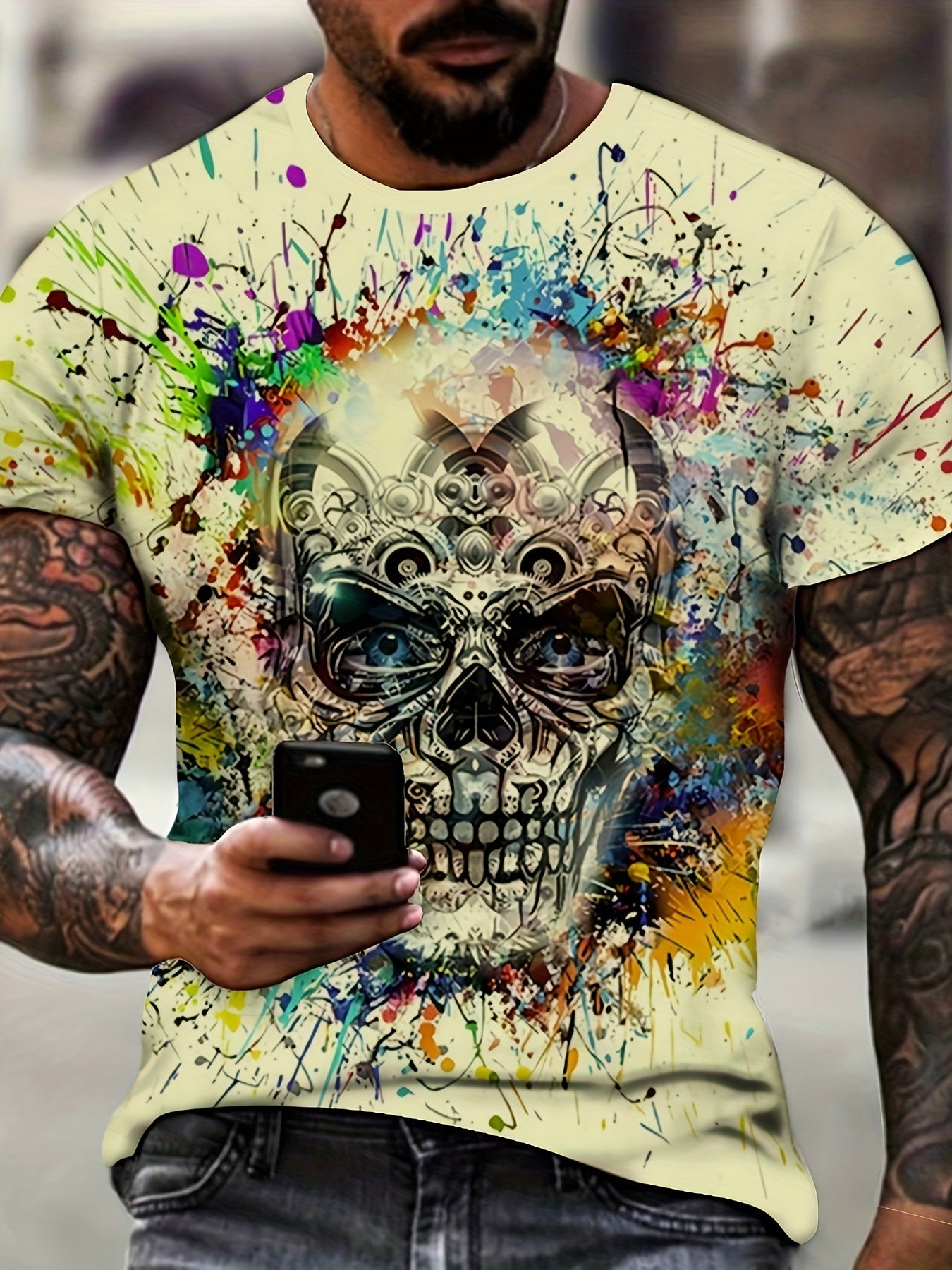 Herren T-Shirt mit Totenkopf-Grafik und Farbspritzer-Design – Urban Streetwear für große Größen