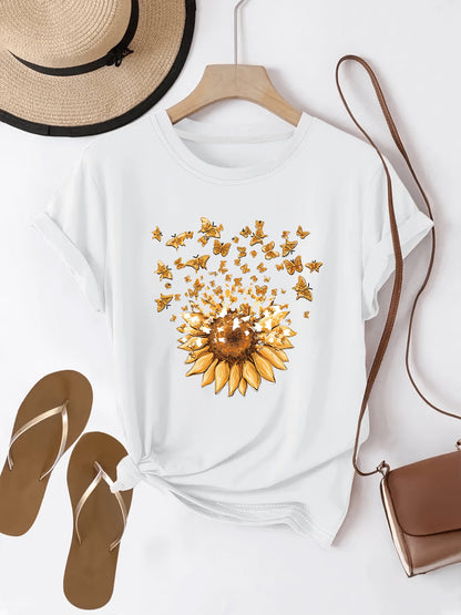 Damen T-Shirt mit Sonnenblume und Schmetterlings-Print – Sommerliches Casual Oberteil