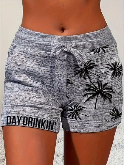 Damen Freizeits-Shorts mit Palmenprint und „Day Drinkin'“-Schriftzug – Sommer Urlaubsstyle