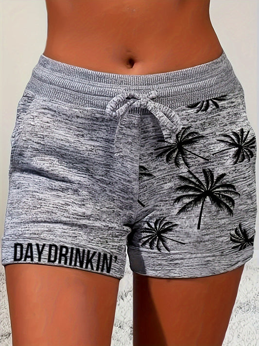 Damen Freizeits-Shorts mit Palmenprint und „Day Drinkin'“-Schriftzug – Sommer Urlaubsstyle