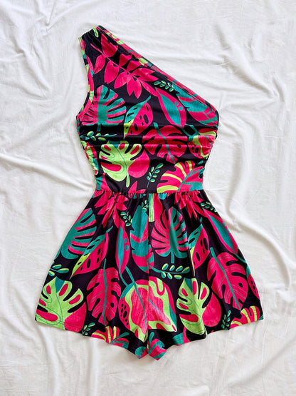 Damen Ein-Schulter Jumpsuit mit Tropenprint – Modischer Sommer Overall für Freizeit und Urlaub