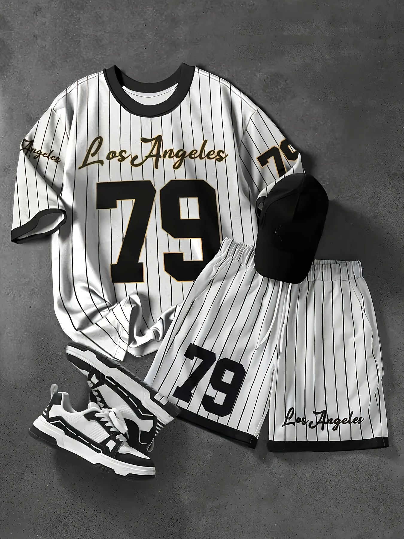 Herren Sportset Los Angeles 79 – Pinstripe Shirt und Shorts im Retro-Stil