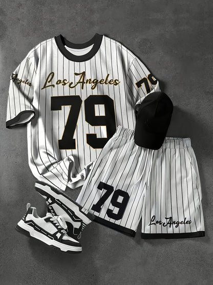 Herren Sportset Los Angeles 79 – Pinstripe Shirt und Shorts im Retro-Stil