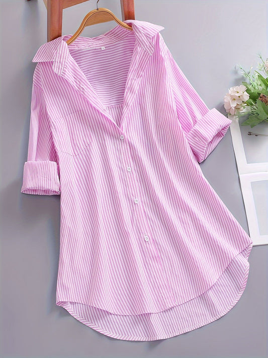 Damen Oversize Hemd mit Streifen – Lockeres Business & Freizeit Langarm-Bluse