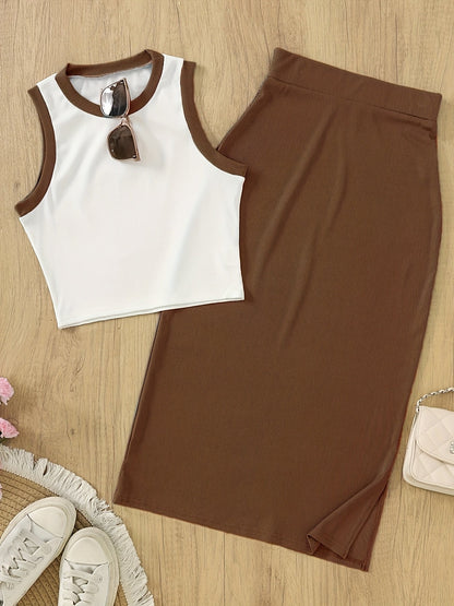 Damen Elegantes 2-teiliges Set – Ärmelloses Top und Rock, Perfekt für Alltag und Büro