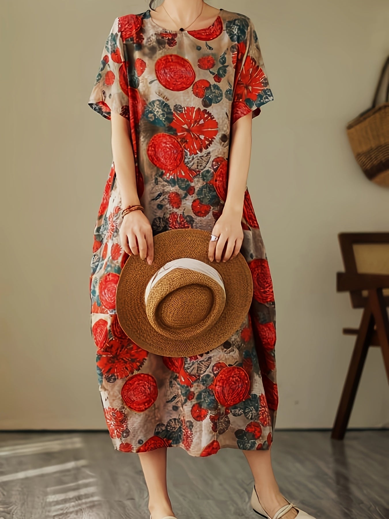 Damen Oversize-Kleid mit künstlerischem geometrisch-botanischem Muster und kurzen Ärmeln – Lässiges Freizeitkleid mit Taschen
