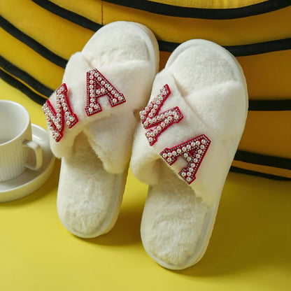 Damen Kuschelige Slipper mit "MA" Perlen-Motiv – Perfekt als Muttertagsgeschenk, Bequeme Hausschuhe für Mütter