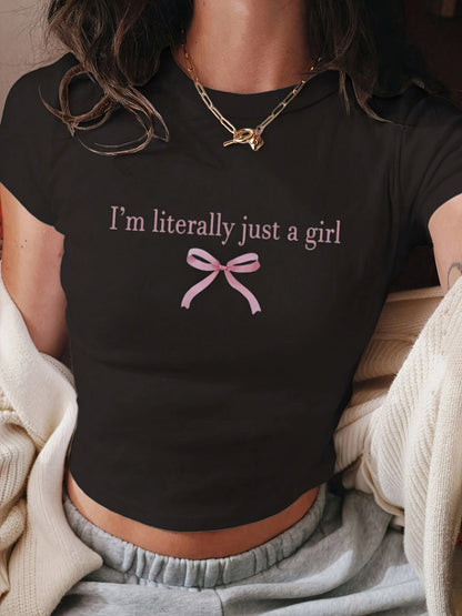 Damen Crop Top T-Shirt mit Statement Print und Schleifen-Design – Modisches Freizeitshirt für Alltag und Streetstyle
