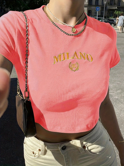 Damen Crop T-Shirt Milano Stickerei Streetwear Y2K Style