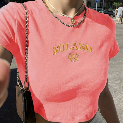 Damen Crop T-Shirt Milano Stickerei Streetwear Y2K Style