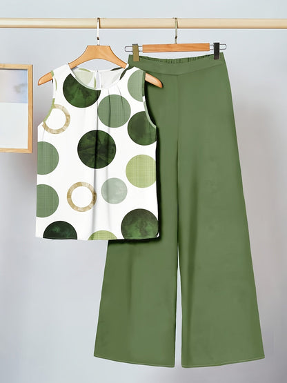 Damen Zweiteiler Set – Ärmelloses Top mit Muster & Weite Hose – Modischer Alltagslook