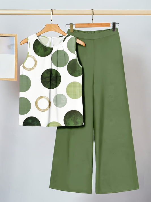 Damen Zweiteiler Set – Ärmelloses Top mit Muster & Weite Hose – Modischer Alltagslook