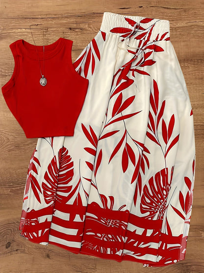 Damen Sommer-Outfit Set – Ärmelloses Top und Maxirock im tropischen Stil, ideal für Urlaub und Freizeit