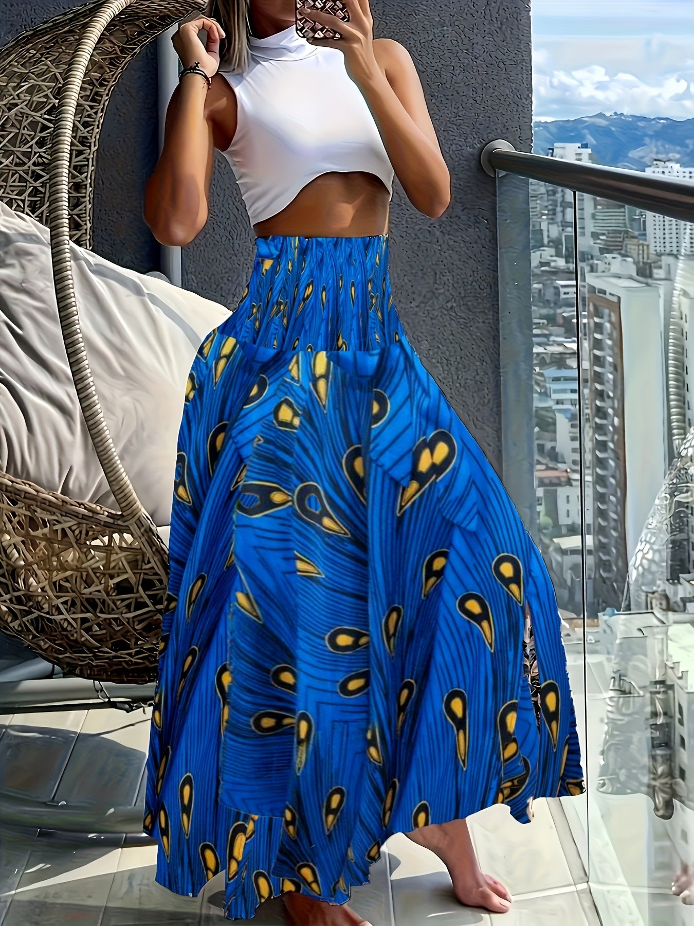Damen Maxirock Boho-Stil mit tropischem Muster – Perfekt für Sommer, Urlaub & Freizeit