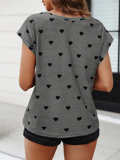 Damen Elegantes Herzmuster T-Shirt für Alltag und Freizeit