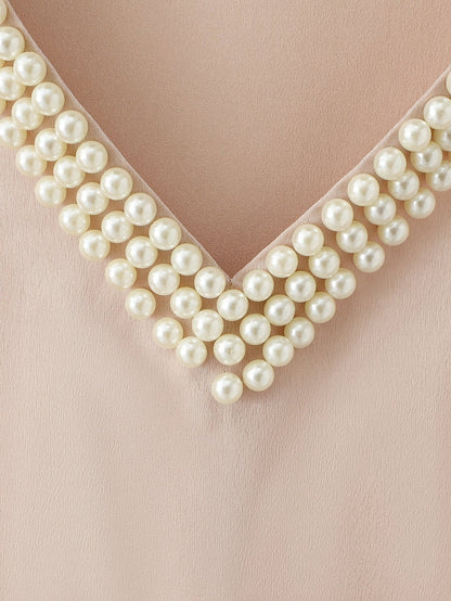 Damen Top ohne Ärmel mit V-Ausschnitt und Perlenbesatz – Elegantes Blusentop für festliche Anlässe