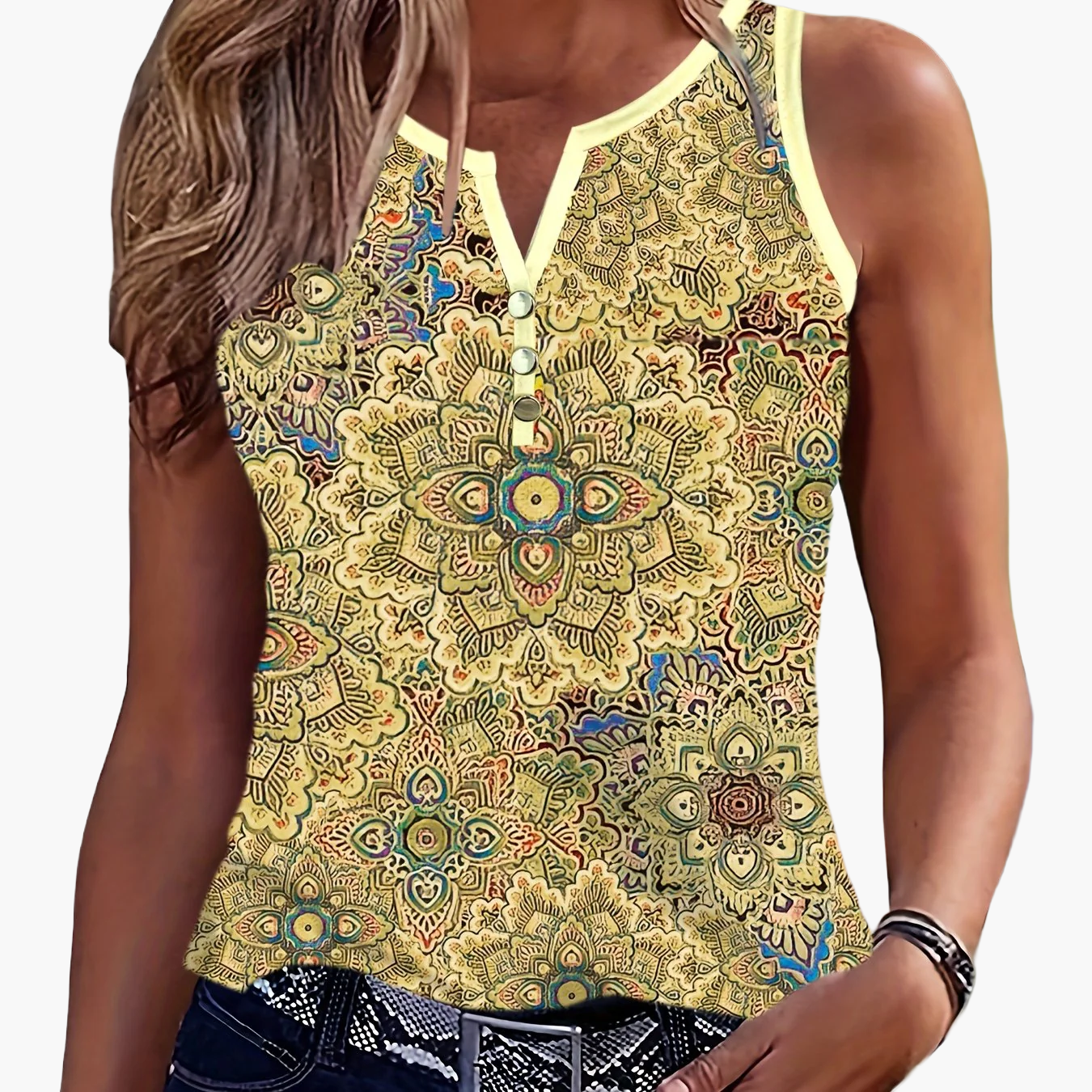 Damen Sommer Tanktop mit Ethno-Muster und Knopfleiste – Freizeit & Street Style