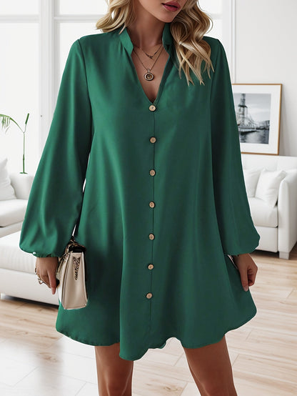 Damen Shirtkleid Elegant Locker Freizeit V-Ausschnitt Knopfleiste