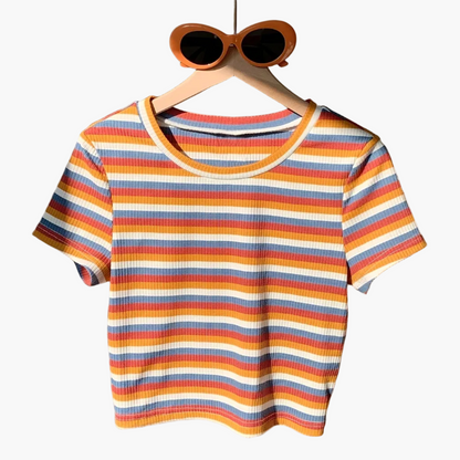 Damen Modernes Streifen-Rippstrick T-Shirt – Kurzarm, Lässiger Streetstyle