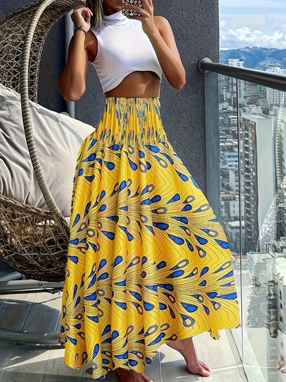 Damen Maxirock Boho-Stil mit tropischem Muster – Perfekt für Sommer, Urlaub & Freizeit