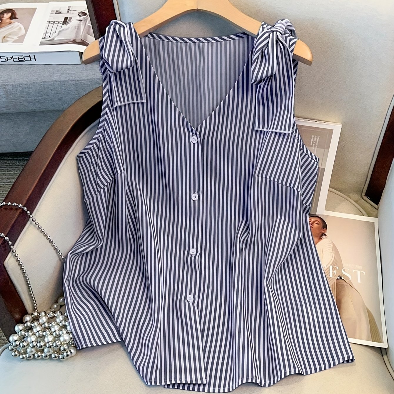 Damen Elegante Ärmellose Bluse mit Streifen und Knopfleiste – Sommer Business Freizeithemd