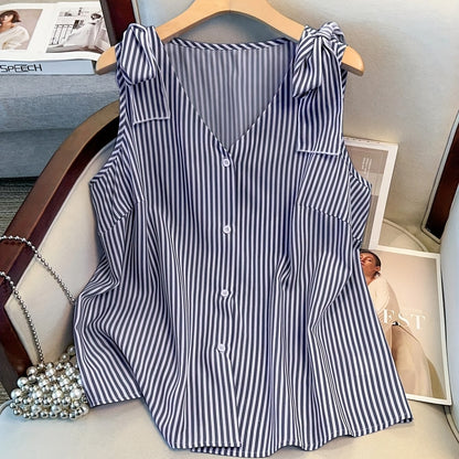 Damen Elegante Ärmellose Bluse mit Streifen und Knopfleiste – Sommer Business Freizeithemd