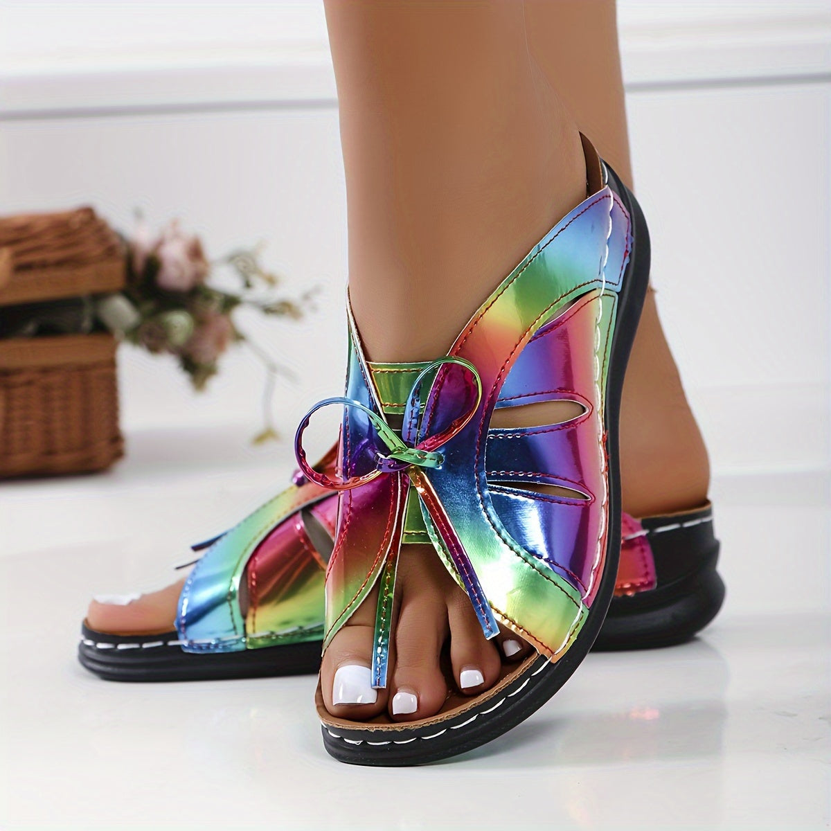 Damen Komfort-Sandalen mit Schleifen und offenem Zehenbereich – Sommer Freizeit Pantoletten