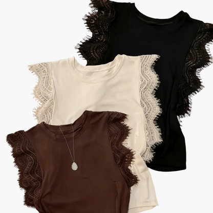 Damen Spitzen-Top mit verspieltem Ärmel-Design – Elegantes Freizeitshirt für Alltag und besondere Anlässe