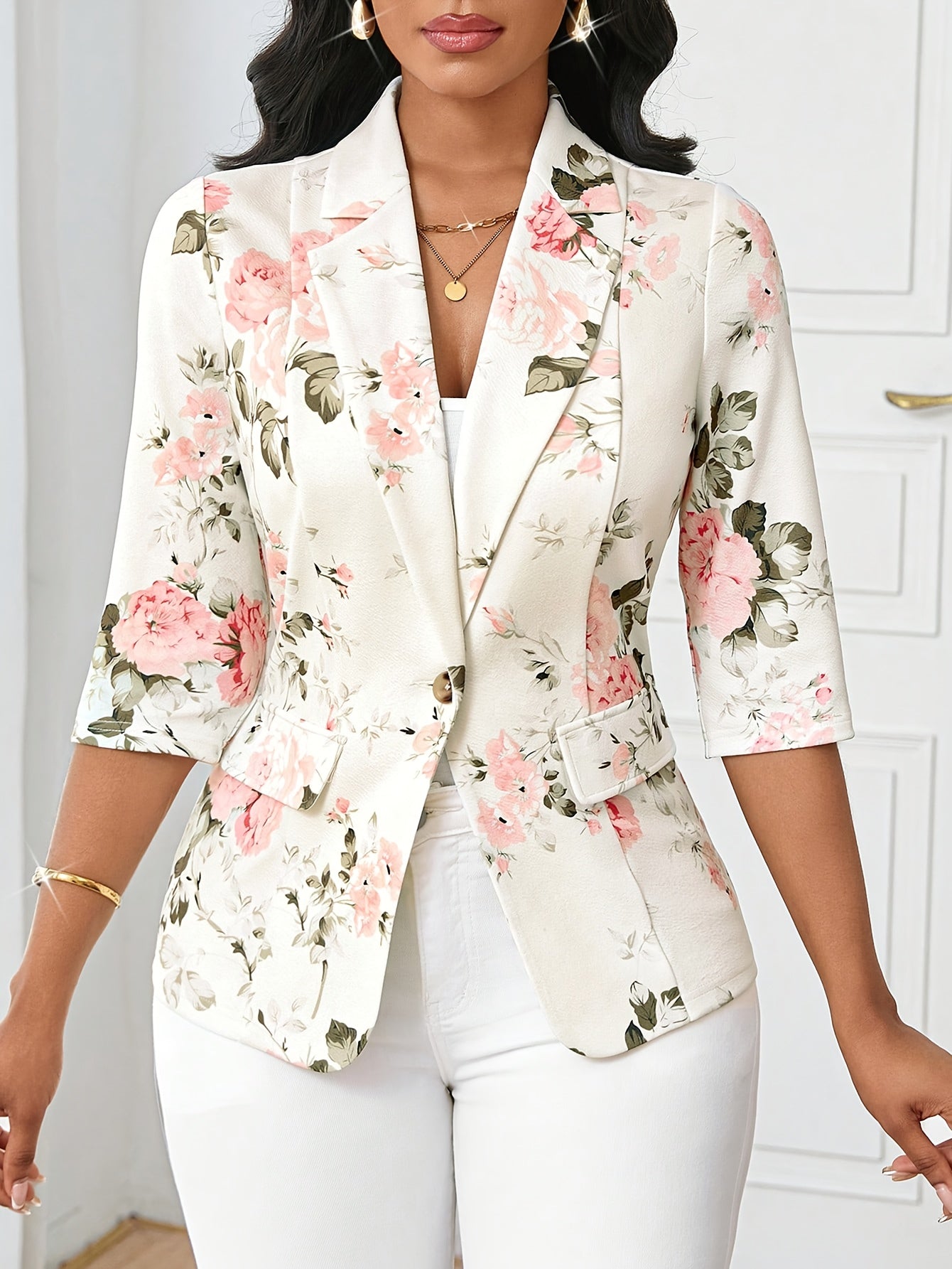 Damen Blazer Elegant Floral Business Freizeitjacke mit 3/4-Ärmeln