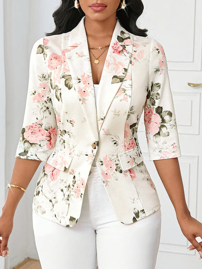 Damen Blazer Elegant Floral Business Freizeitjacke mit 3/4-Ärmeln