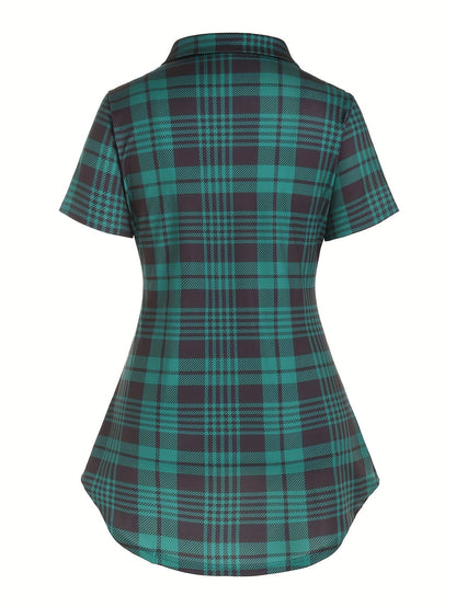 Damen Tunika Bluse mit Karomuster und modischem Überwurf, Elegant für Alltag und Büro