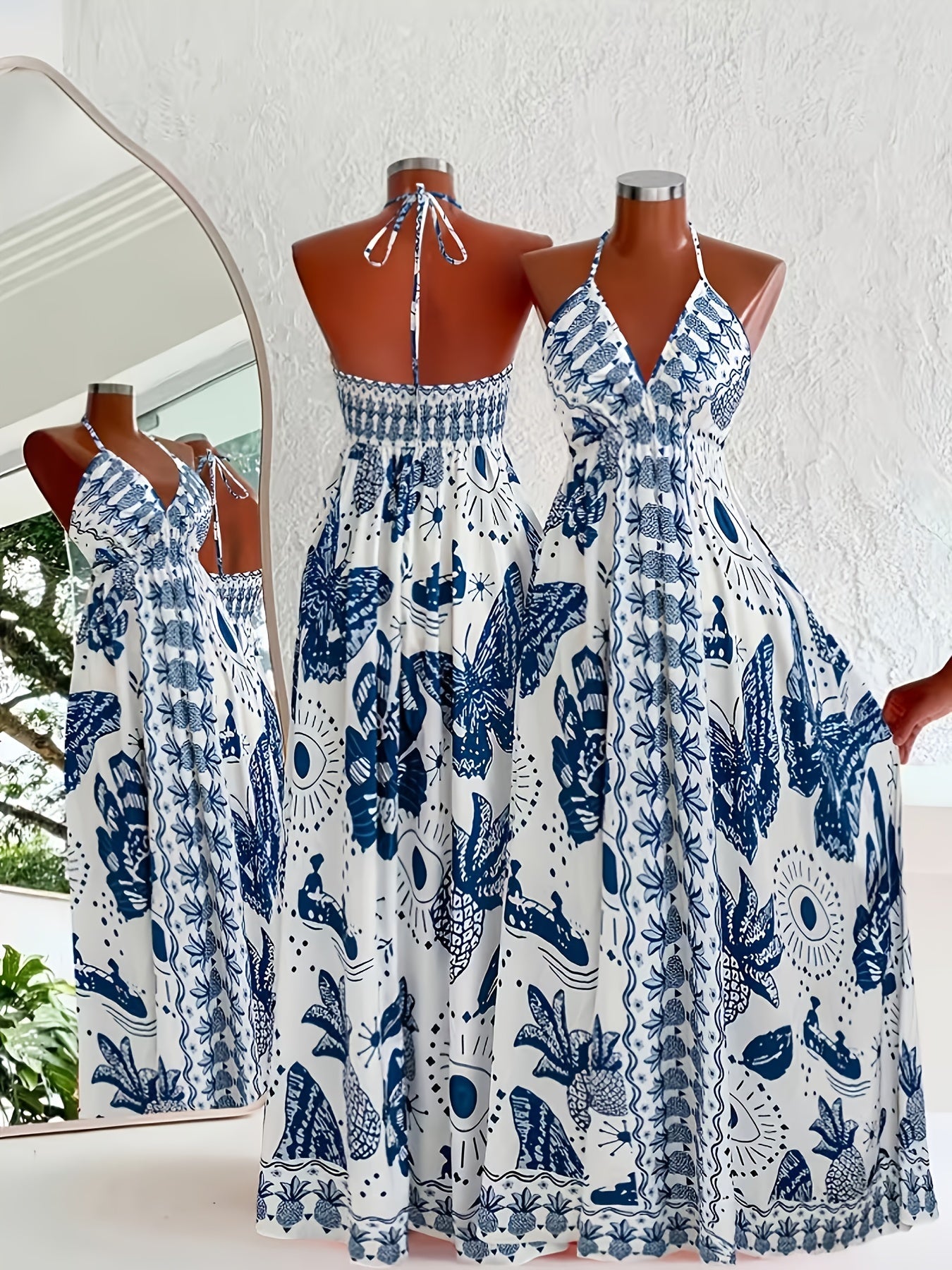 Damen Maxikleid mit Halterneck und Boho-Blumenprint – Elegantes Sommerkleid für Urlaub und Freizeit