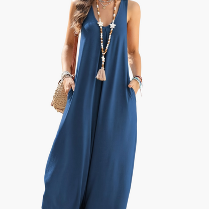 Damen Jumpsuit Sommer Weit Bein Ärmellos V-Ausschnitt Freizeit Overall mit Taschen