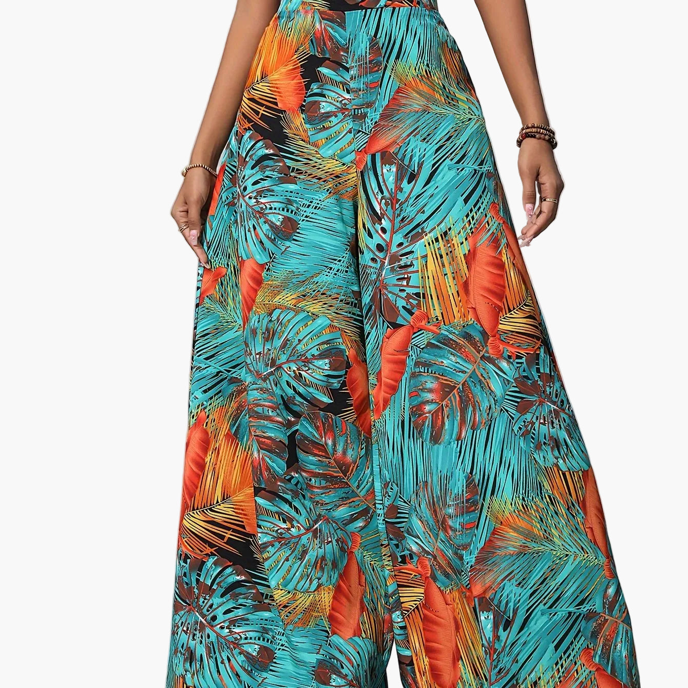 Damen Weite Palazzo-Hose mit tropischem Blattmuster – Sommerlich, Boho, Ideal für Strand & Freizeit