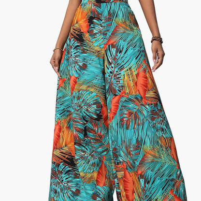 Damen Weite Palazzo-Hose mit tropischem Blattmuster – Sommerlich, Boho, Ideal für Strand & Freizeit