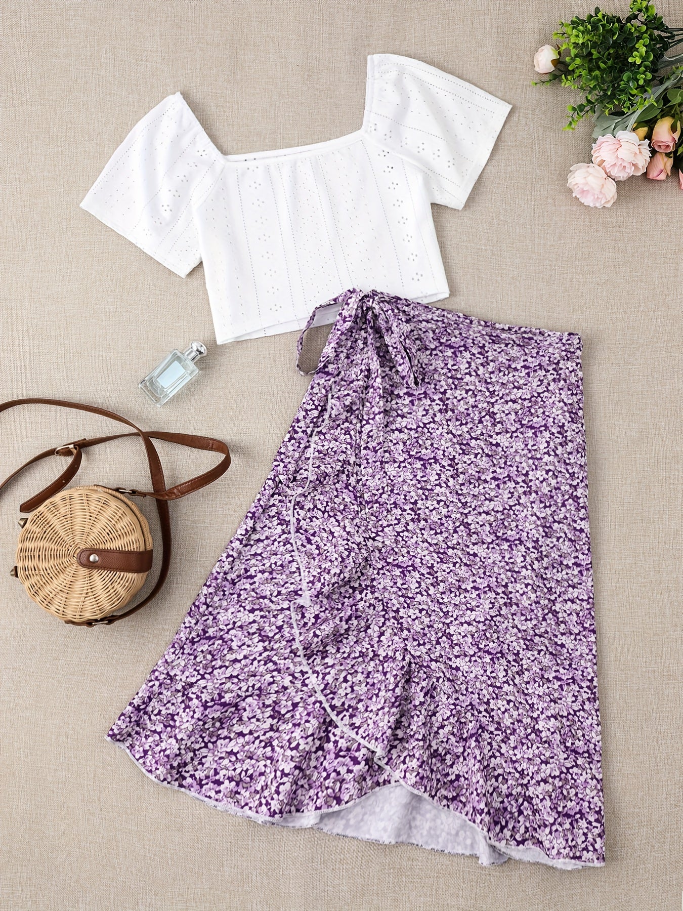 Damen Zweiteiler Set – Romantische Bluse mit Blumen Wickelrock im femininen Stil für Freizeit und Ausflüge