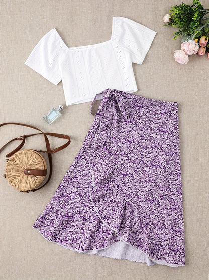 Damen Zweiteiler Set – Romantische Bluse mit Blumen Wickelrock im femininen Stil für Freizeit und Ausflüge