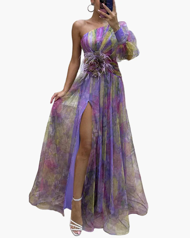Damen Abendkleid mit One-Shoulder-Design und Blumenapplikation – Elegantes Maxikleid für besondere Anlässe