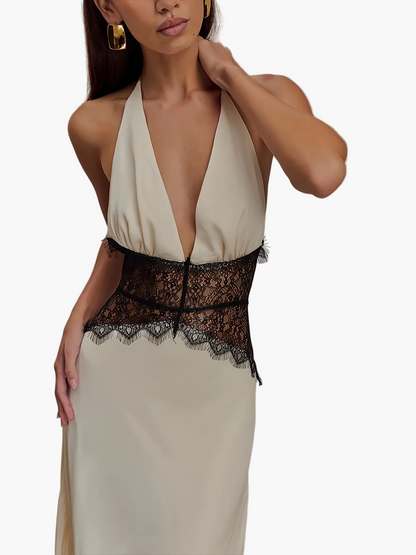 Damen Abendkleid Elegant mit Spitzen-Detail und Tiefem V-Ausschnitt – Perfekt für Besondere Anlässe
