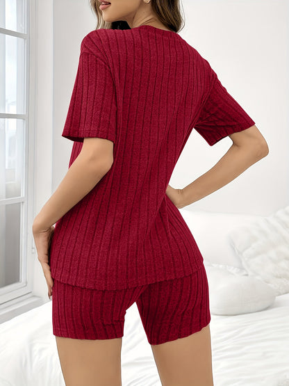 Damen Lounge Set – Geripptes Kurzarm-Shirt und Shorts, Bequemes Freizeit-Outfit für Zuhause und Entspannung