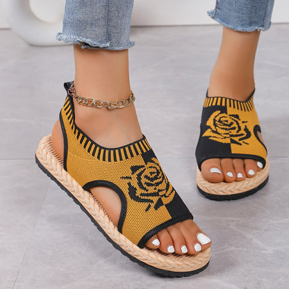 Damen Freizeit Sandalen mit Blumenmuster – Bequeme Sommerschuhe im modernen Strick-Look