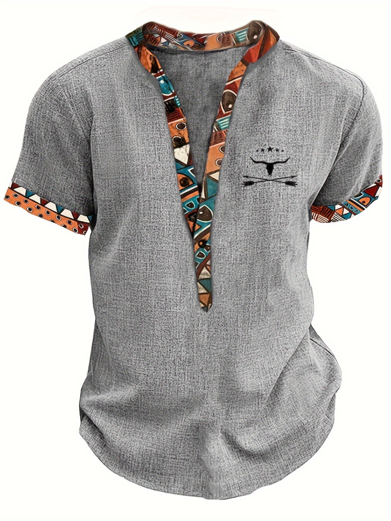 Herren Ethno-Kurzarmshirt mit Modernem Muster und V-Ausschnitt – Lässige Mode für Alltag und Freizeit