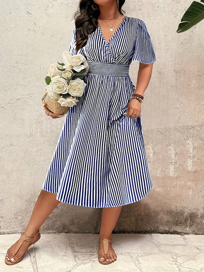 Damen Elegantes Streifen Midikleid mit Smokbund und V-Ausschnitt – Perfekt für besondere Anlässe