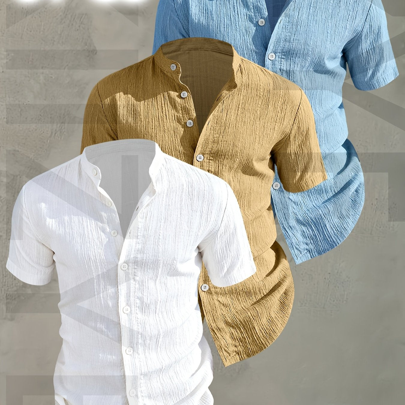 Herren 3er-Pack Freizeithemd mit Stehkragen, Kurzarm, Modernes Design, Knopfleiste