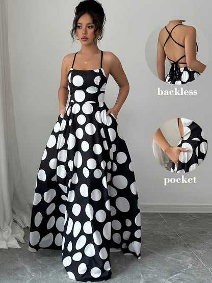 Damen Maxikleid mit Rückenausschnitt und großen Punkten – Elegantes Partykleid im Vintage-Stil