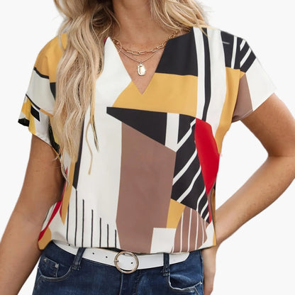 Damen Vintage Bluse mit geometrischem Muster und V-Ausschnitt – Modisches Büro & Freizeitshirt