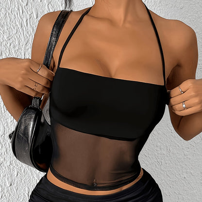 Damen Halterneck Party Top mit Transparentem Mesh-Einsatz – Elegantes Clubwear für Ausgeh-Looks