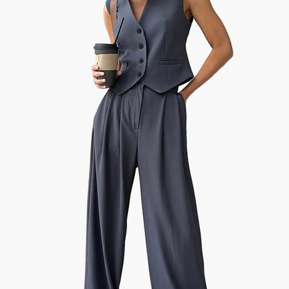 Damen Eleganter Zweiteiliger Anzug mit Weste und Weiten Hosen – Business & Freizeit