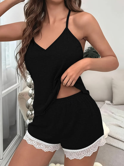 Damen Pyjama Set mit Spaghettiträgern und Spitzenbesatz – Bequemes Sommer Nachtwäsche-Set